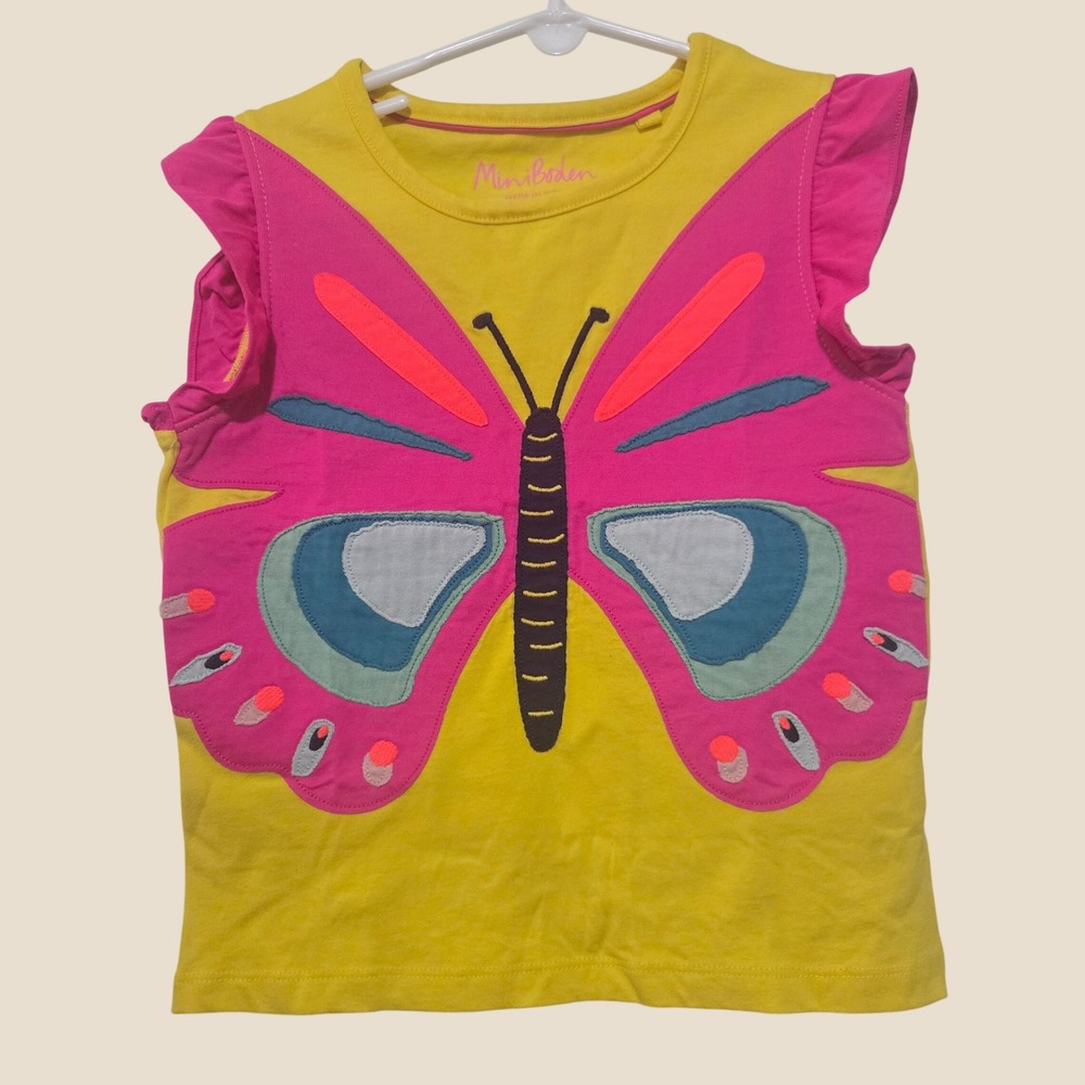 Mini Boden Girls Yellow Butterfly Applique Ruffle Sleeve Top Size 5-6Y